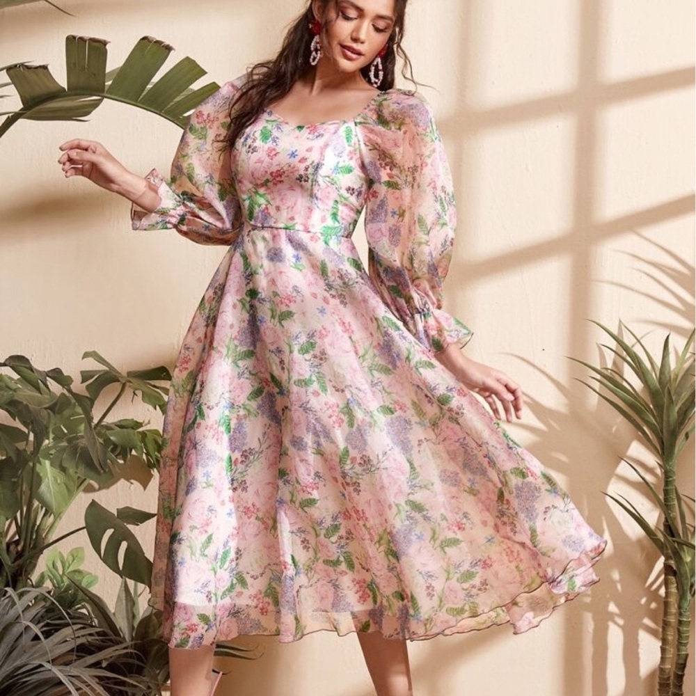 Shein Modely lantern sleeves floral sheer overlay midi dress